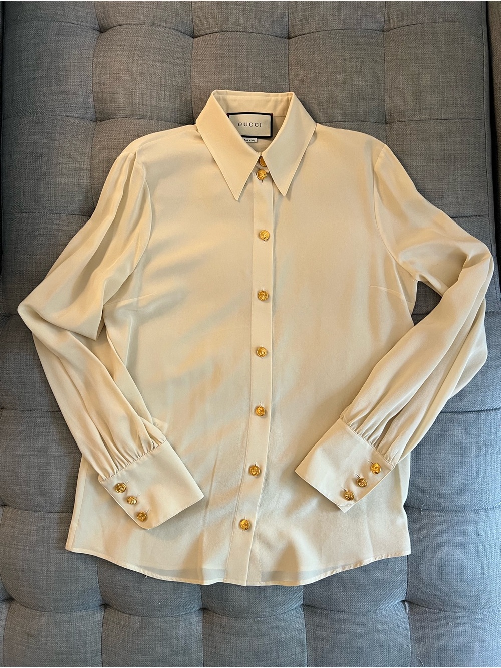 Gucci Cream Button-Up Silk Blouse with Gold Emblem Buttons